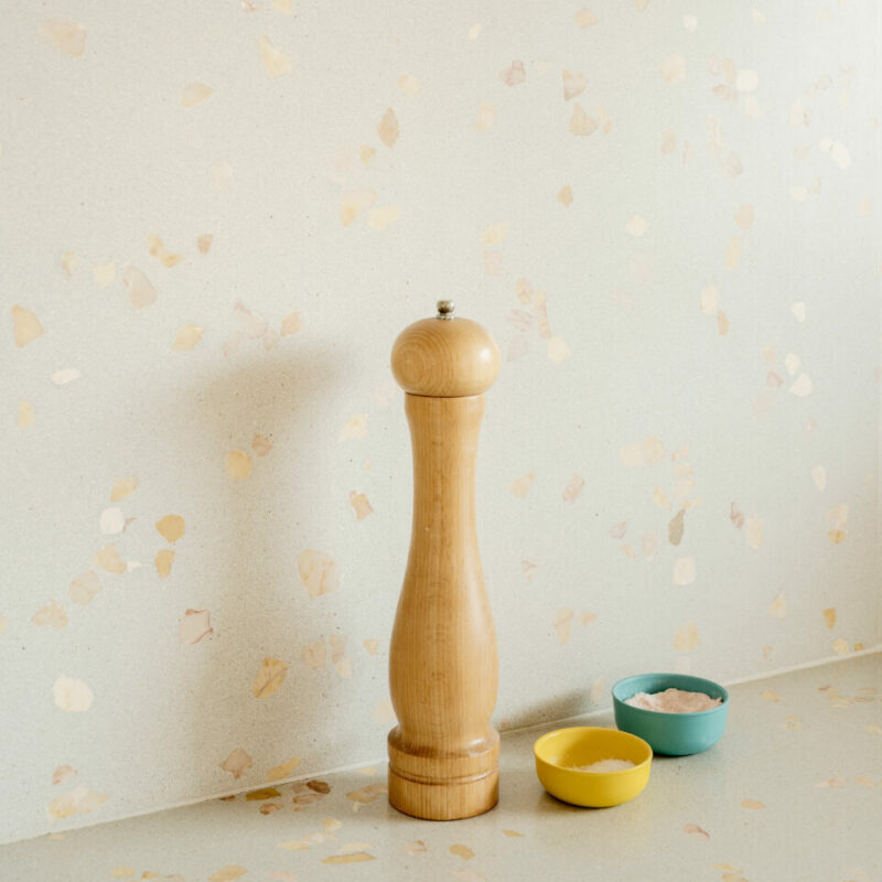 Huguet terrazzo kitchen tops and wall-cladding detail view