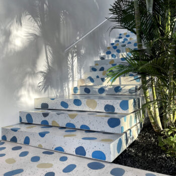 Customised terrazzo stairs with cement pebbles and recycled glass.